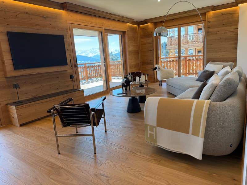 wooden walls, large windows, couch, coffee table, TV, wooden floor