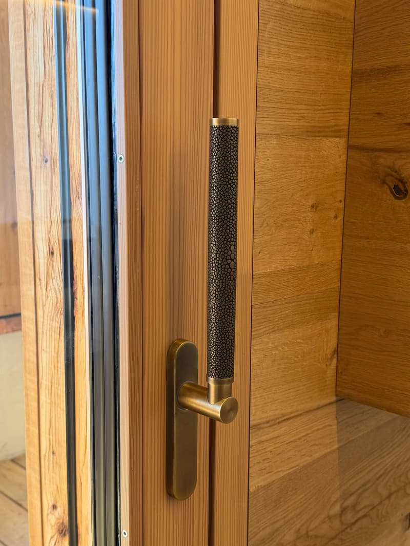 wooden door with glass panel, brass handle, wooden wall