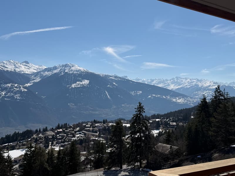 Mountains, trees, village, clear sky