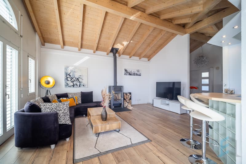 Villa jumelée Corin - Séjour avec poêle à bois / Doppelhaushälfte Corin - Wohnzimmer mit Holzofen / Villa Corin - Living room with wood-burning stove