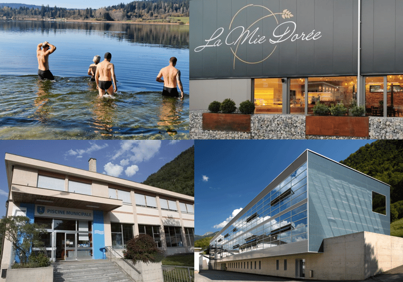 Four images, first image people swimming in a lake, second image restaurant sign, third image outdoor swimming pool building, fourth image modern office building