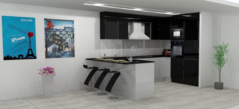 Modern style, white and black cabinetry, central island, black barstools, built-in appliances