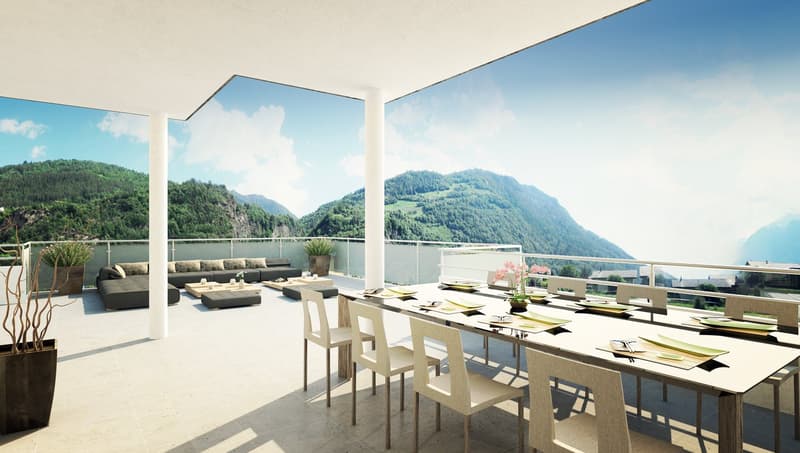 Dining table set for 12 with large scenic view, seating area, potted plants