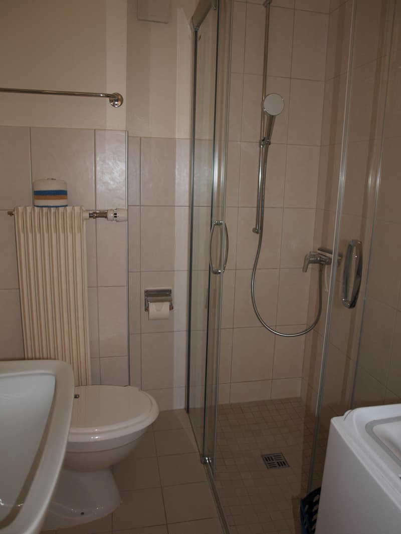 Bathroom with white tiles, glass shower enclosure, white sink, white toilet, towel rack, washing machine