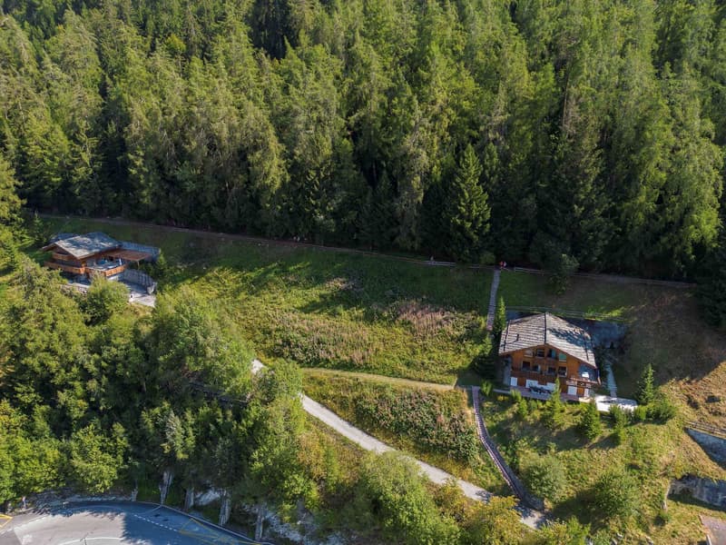 wooden houses in a valley, large grass field, road with parking, trees