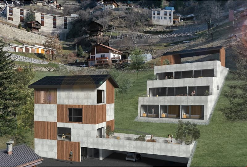 two houses with solar panels, garage entrance, raised terraces
