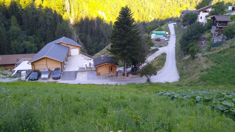 House exterior, wooden building, garage, driveway with cars, surrounded by greenery, mountainous area, road leading to the house.