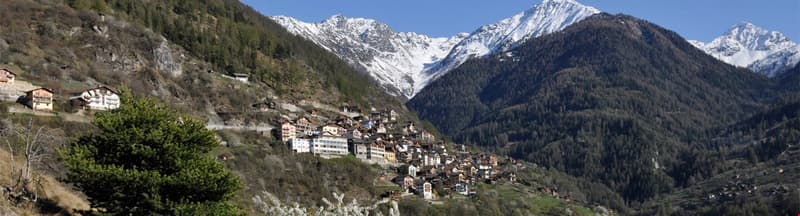 Alpine village on mountainside, small houses, snowy peaks in the distance
