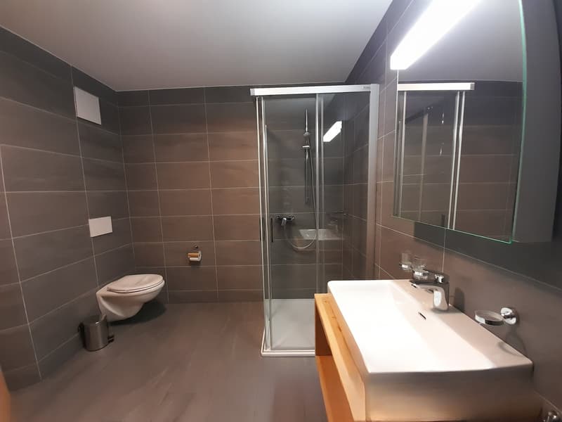 modern bathroom with glass shower stall, white toilet, sink with wooden cabinet, tiled walls and floors, mirror