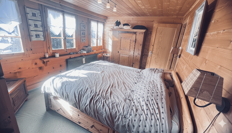 double bed, wooden walls, wooden shelves, wooden cupboard, radiator, lamp