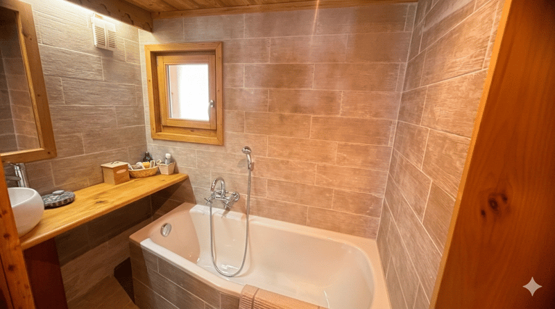 Bathroom with bathtub, sink, mirror, wooden shelf, window, tiled walls, wooden door