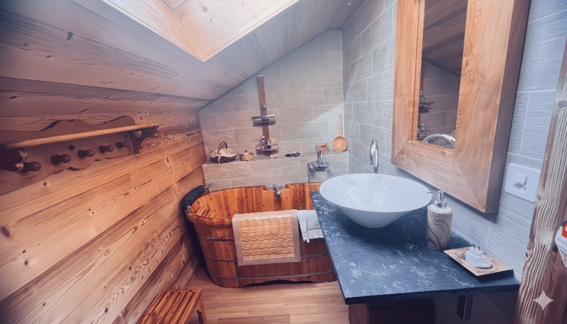 wooden walls, bathtub, round basin, mirror, wooden bench