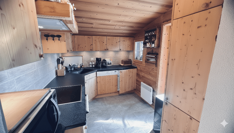 kitchen, wooden cabinets, black countertops, dishwasher, built-in coffee maker, open shelving, window, built-in oven, microwave, dishwasher, tiled flooring