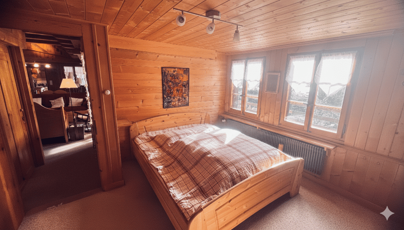 wooden bed, wooden walls, wooden floor, radiator, windows, picture frame
