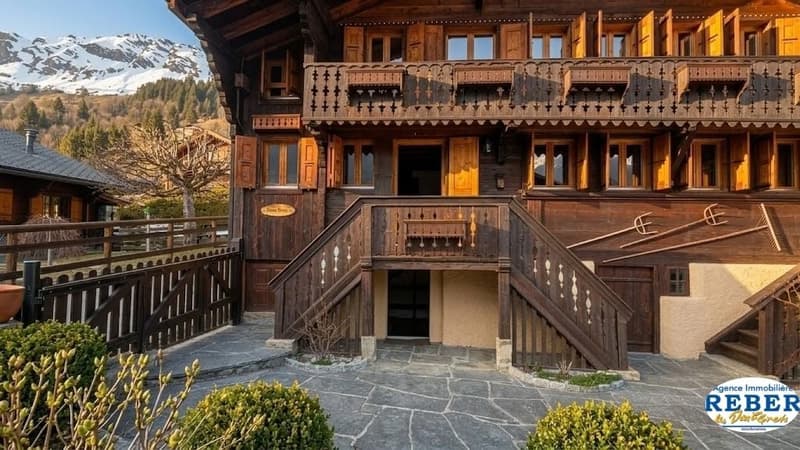 3 story wooden chalet, wooden balcony, wooden stairs, wooden fence, garden, mountain view