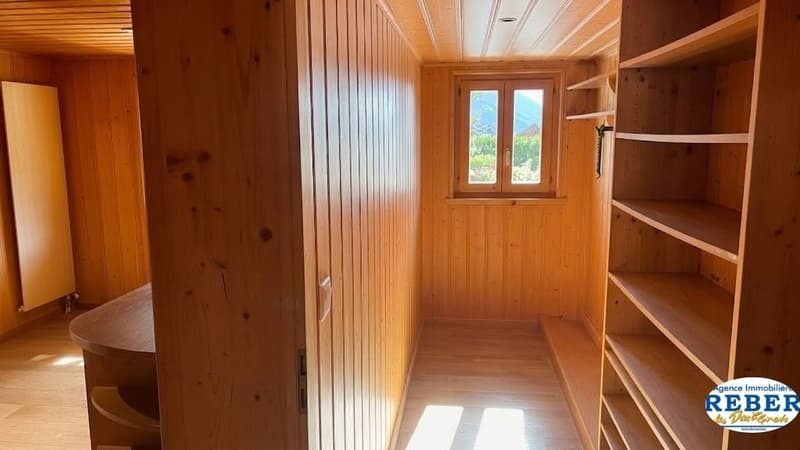 wooden walls, wooden floor, window, wooden shelves, bench