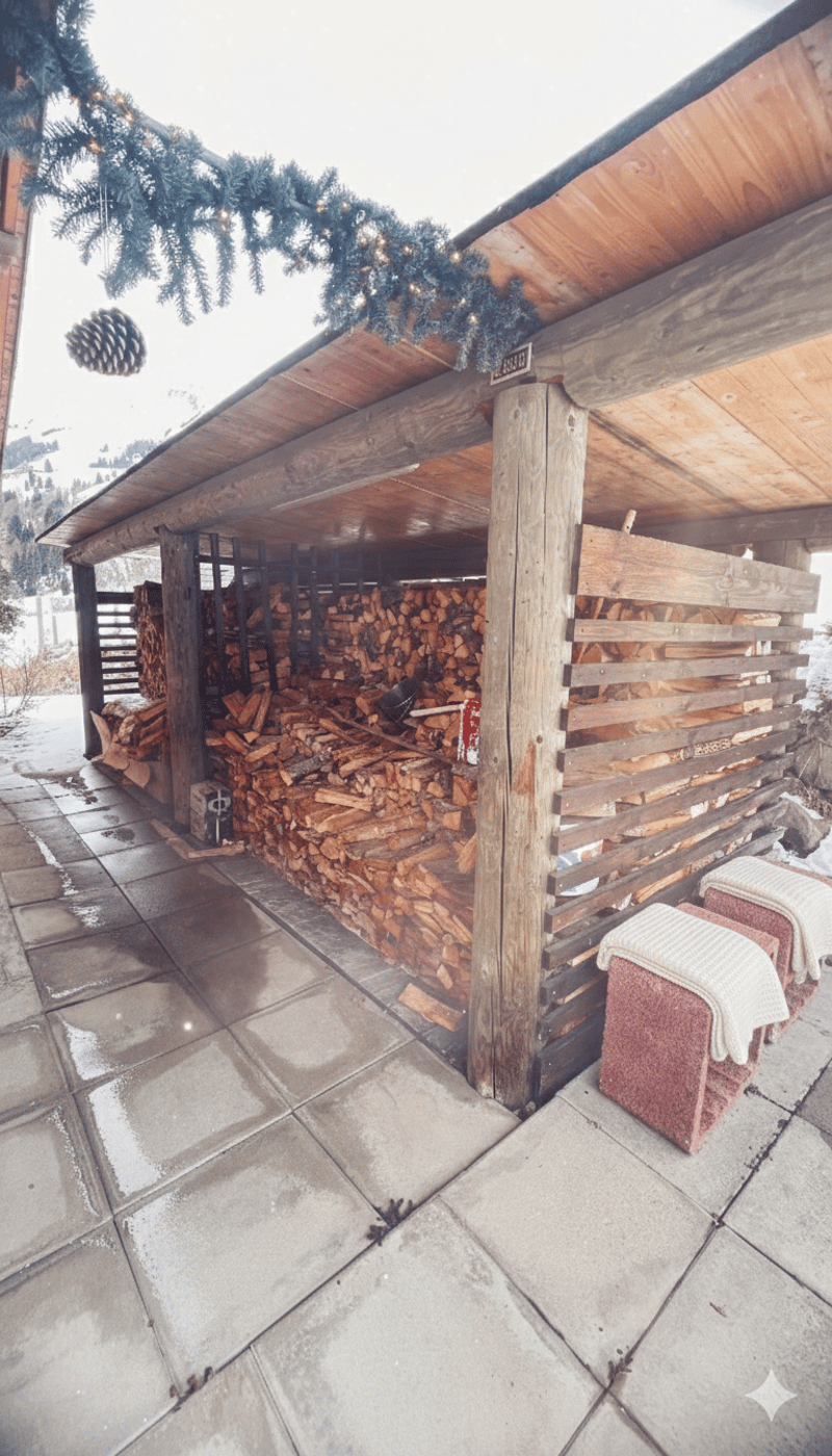wooden shed, covered, with a pile of firewood inside, two red stools with blankets