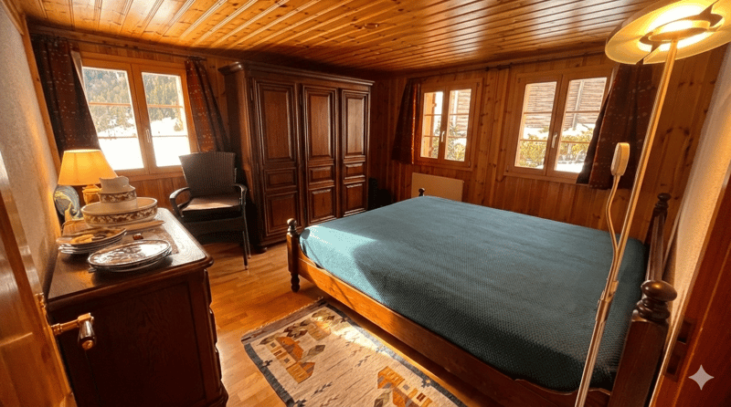 wooden floor, wooden bed, wooden cabinet, wooden chair, lamp, carpet, window, view of mountains
