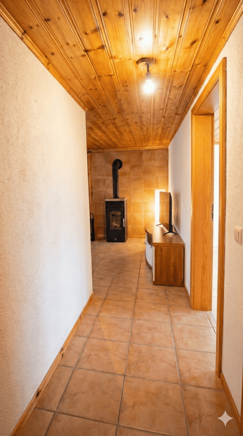 tiled floor, wooden ceiling, fireplace, TV stand, light