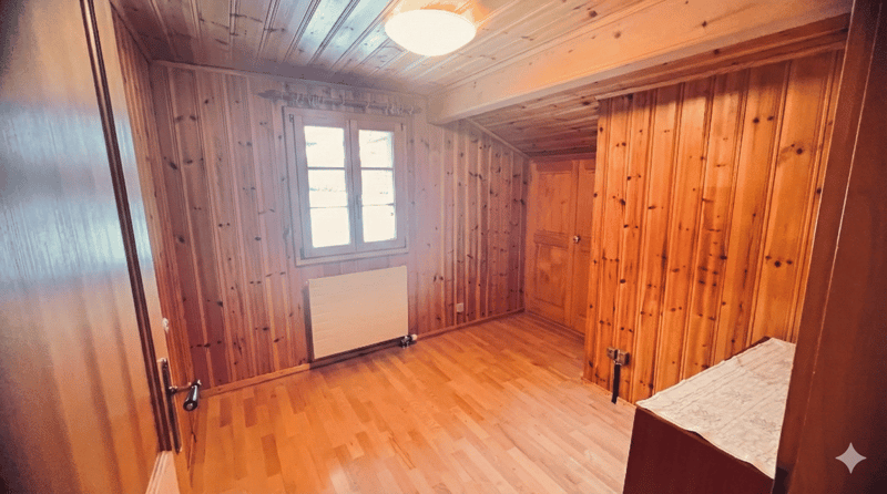 wooden walls, wooden floor, window, radiator