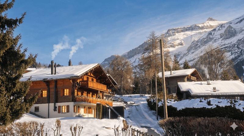 wooden chalet, snow covered, chimneys, balcony, mountain view