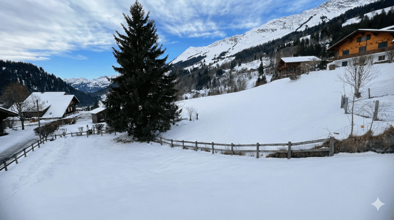 Houses on a snowy mountain, wooden fences, trees, mountains in the background