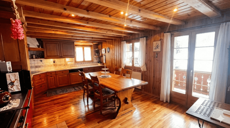 wooden floor, wooden table, wooden chairs, wooden cabinets, kitchen, windows, curtains