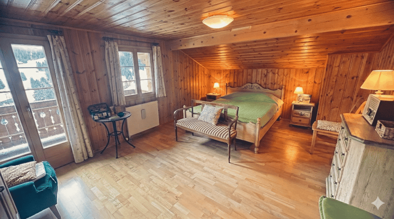 wooden walls, wooden floor, bed, bench, table, lamp, radiator, window, curtains