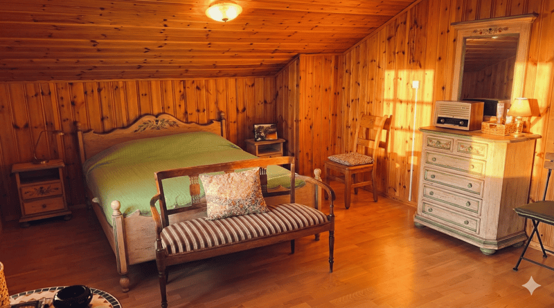 bedroom with wooden walls, bed, bench, dresser, mirror, lamp, nightstand, radio, picture frame, chair