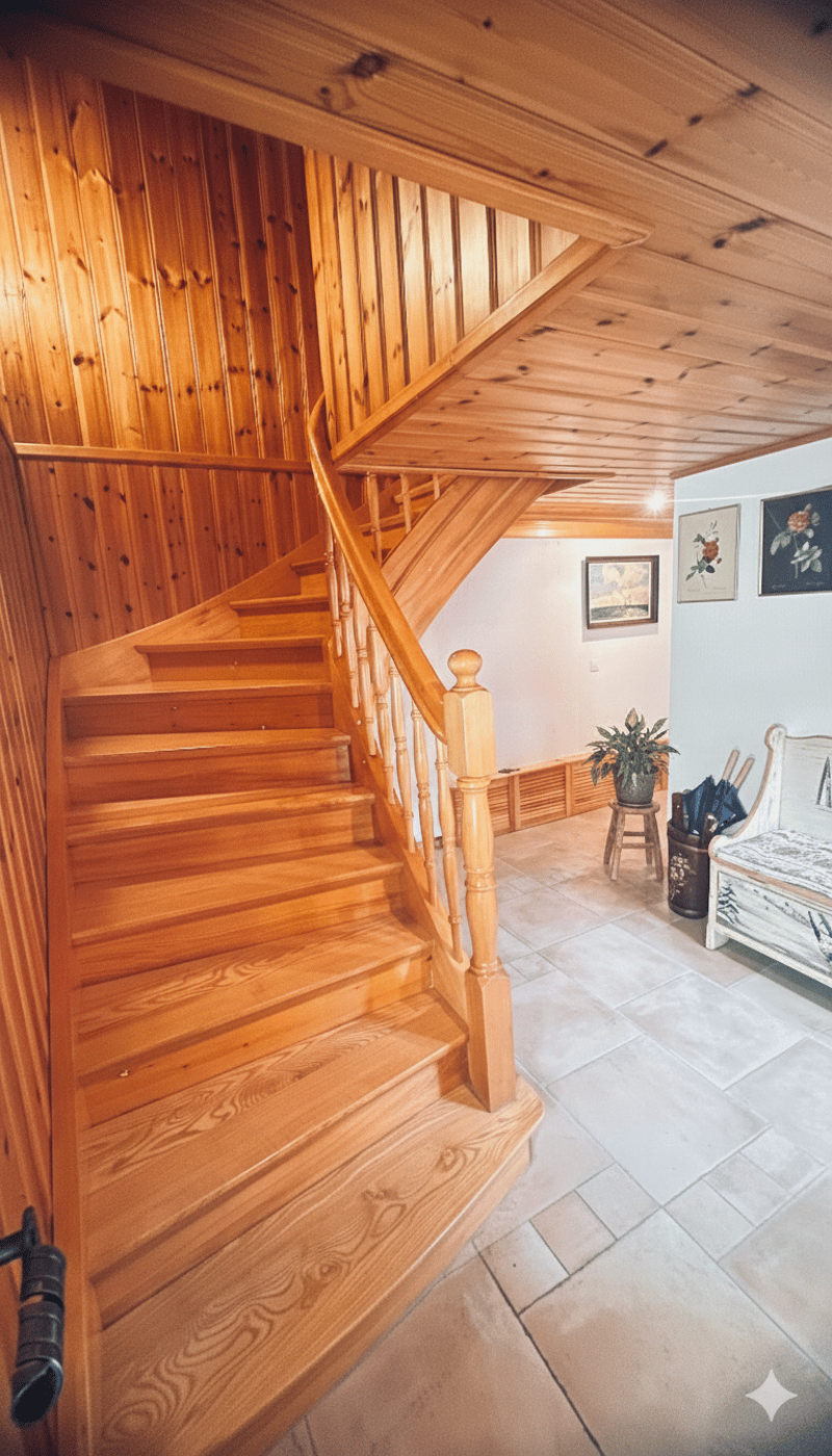 wooden staircase, wooden walls, tiled floor, potted plant, umbrellas, bench
