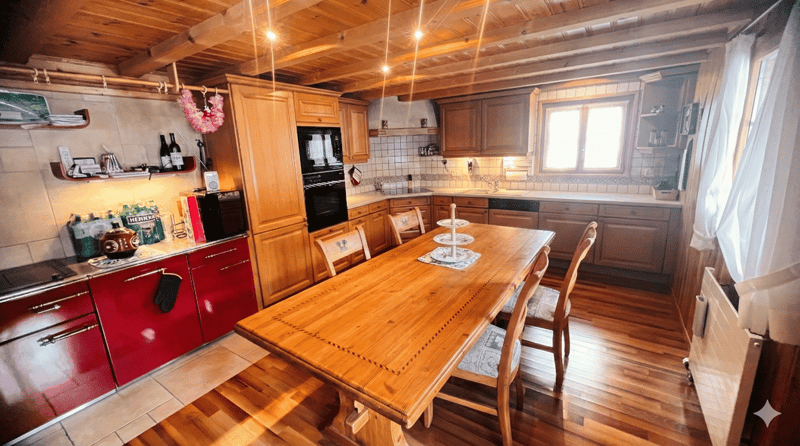 kitchen with wooden dining table, wooden chairs, wooden cabinets, red cabinets, white tiled floor, wooden ceiling