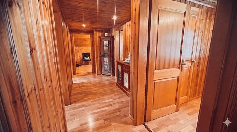 wooden walls, wooden floor, wooden cabinet, chair, table
