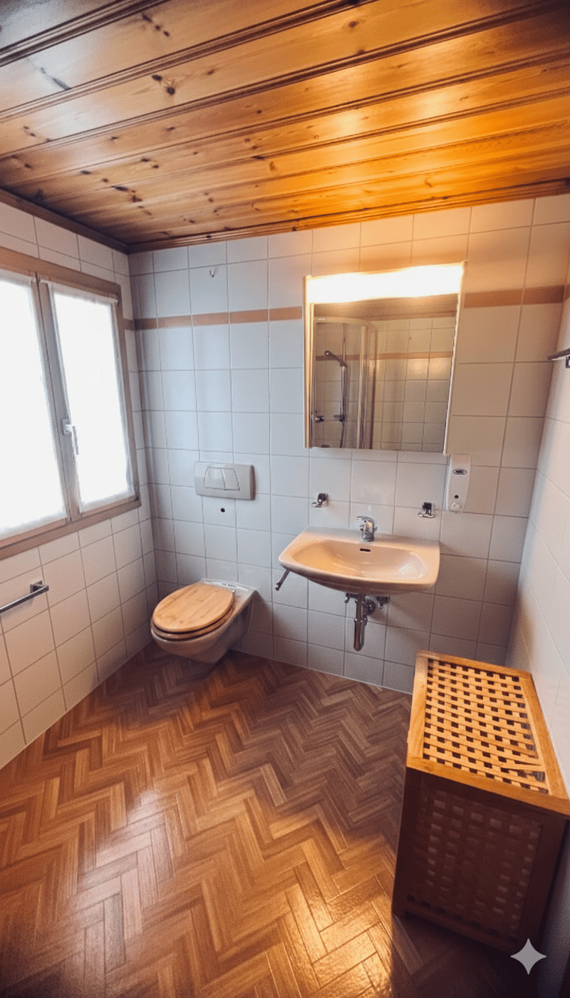 Bathroom with wooden floor, white tiles, wooden ceiling, toilet, sink, mirror, window