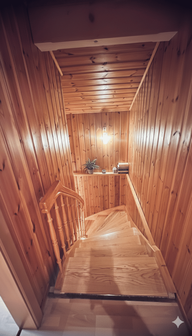 wooden staircase, wooden handrail, wooden steps, wooden walls, small shelf with plant and books