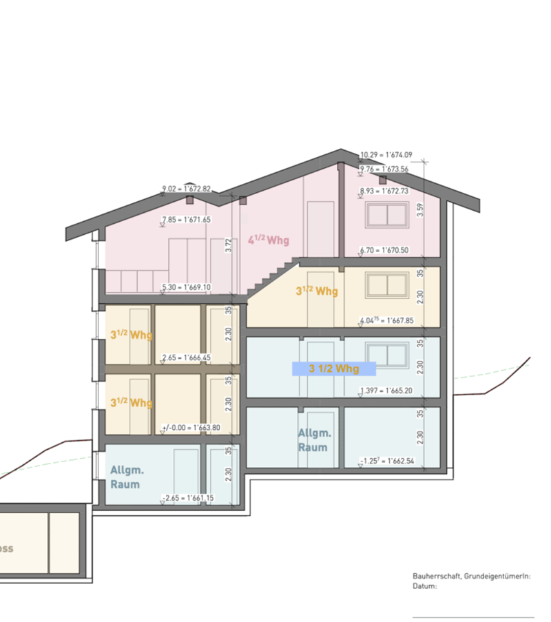 floor plan with measurements, 4 half-wheels, common room, individual rooms