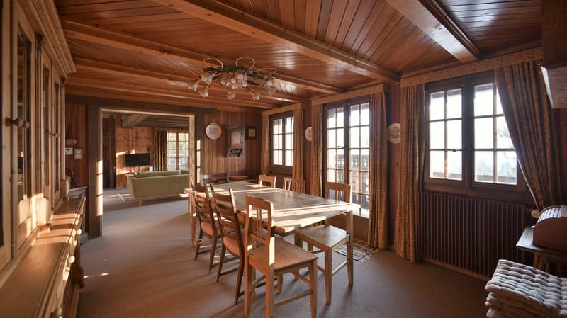 dining area with wooden dining table and chairs, wooden walls, ceiling lamp, radiator, glass doors and windows, curtains