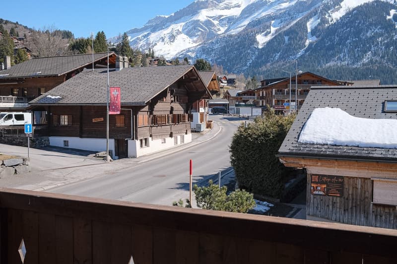 wooden house, snowy mountains, road, trees, street lights, sign