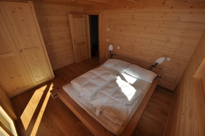 Cozy wooden bedroom with a large bed, wooden walls and floors, and a closet door visible.