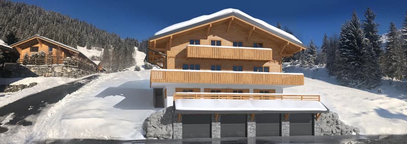 Chalet, wooden exterior, snow-covered roof, balconies, garages, situated in mountainous snowy landscape