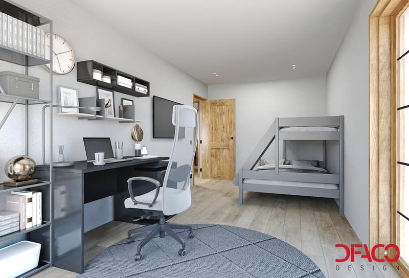 office desk, bunk bed, office chair, rug, shelves, monitor, clock