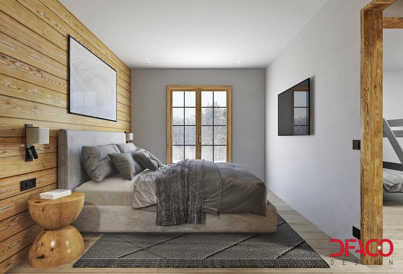 large bed with pillows, wooden bed head, wooden nightstand, rug, mounted light, wooden wall, window, mounted TV