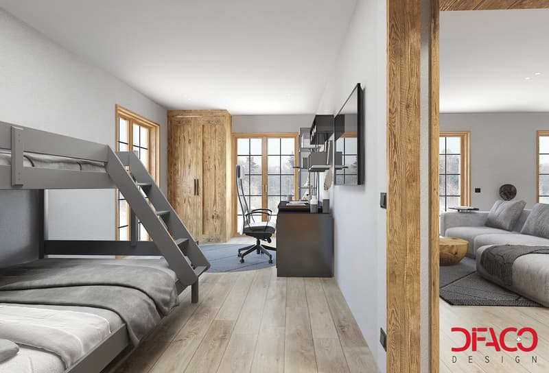 modern room with wood floors, grey bunk bed, black desk, grey couch, wooden cabinet