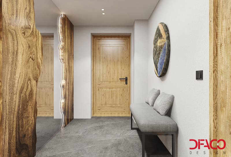Gray floor, wooden door, gray bench, wall art, white walls, wooden elements