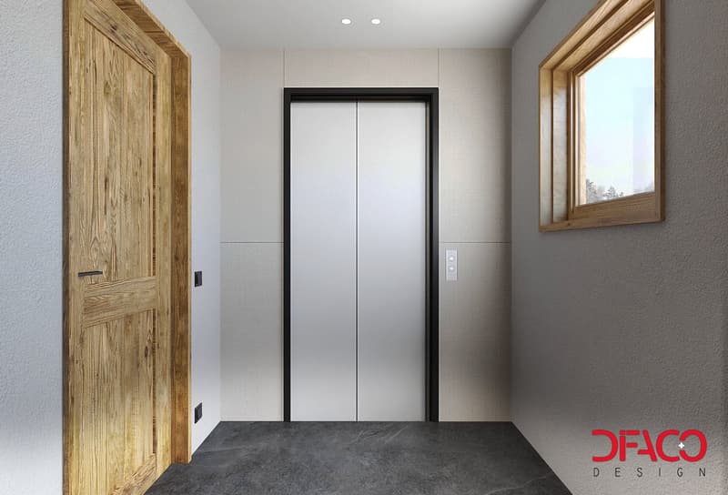Hallway with silver elevator, wooden door, gray flooring, small window on the wall, ceiling lights