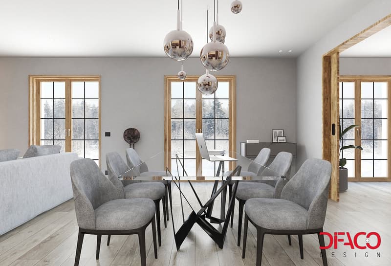 Dining room, glass table, 6 chairs, modern design, large windows, wood flooring, hanging lamps