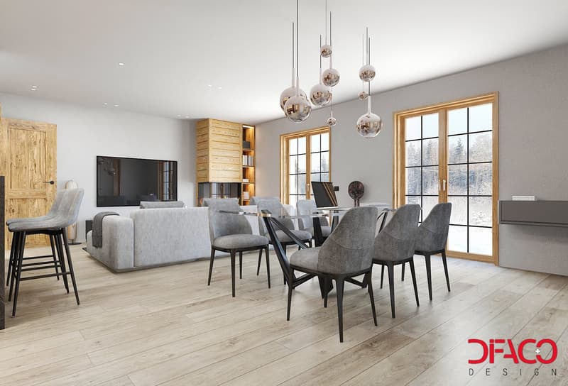 open plan living and dining area, wooden floor, large windows, pendant lights, chandelier, TV, sofa, dining table, chairs, bookshelf, fireplace, desk