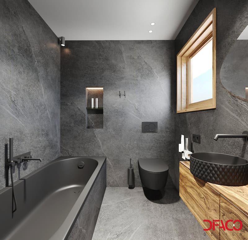 Bathroom with a bathtub, a toilet, a sink, and a shower area. Grey walls and floors.