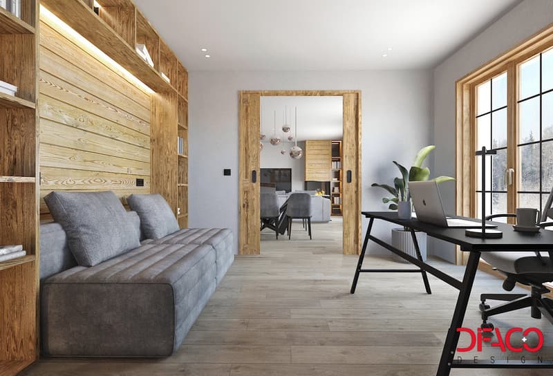 Modern designed with wooden floors, wooden panels, couch, table, wooden shelves, large windows