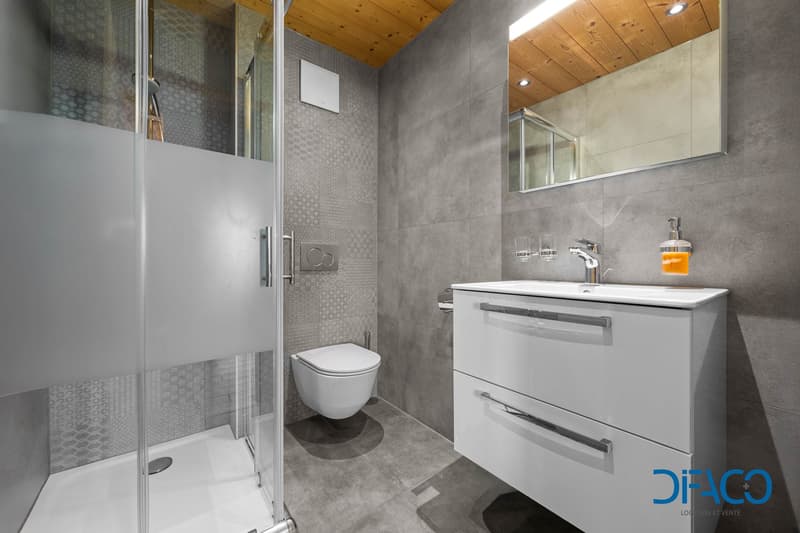 shower cubicle, modern vanity, gray tile, toilet, mirror, wooden ceiling