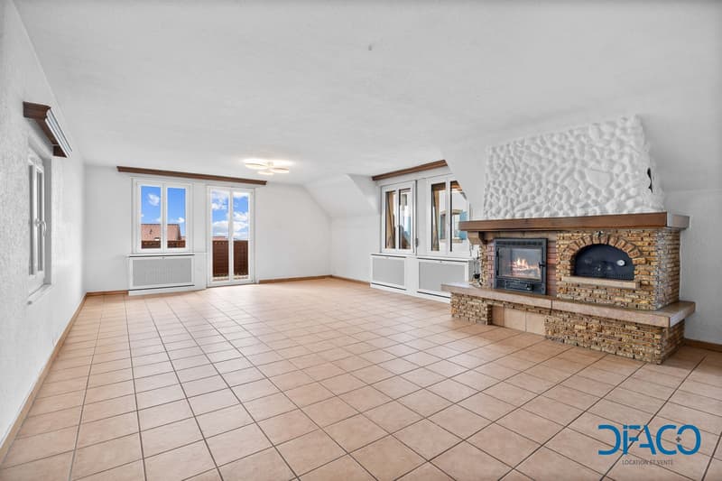 empty room, fireplace, large windows, tiled floor, white walls